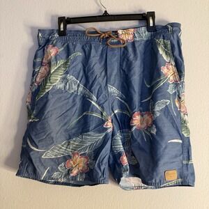 Brixton Shorts Mens Large Navy Blue Floral AOP Swim Trunks Drawstring Mesh Beach